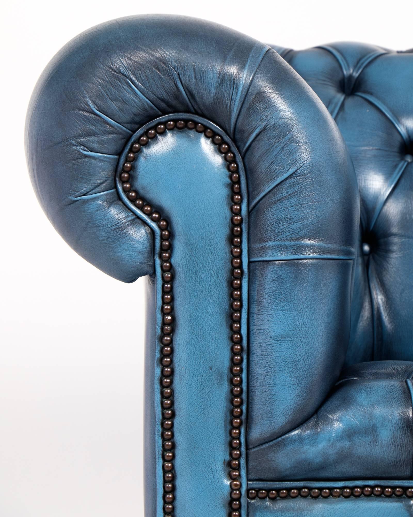 Vintage Steel Blue Leather Chesterfield Club Chair In Good Condition In Austin, TX