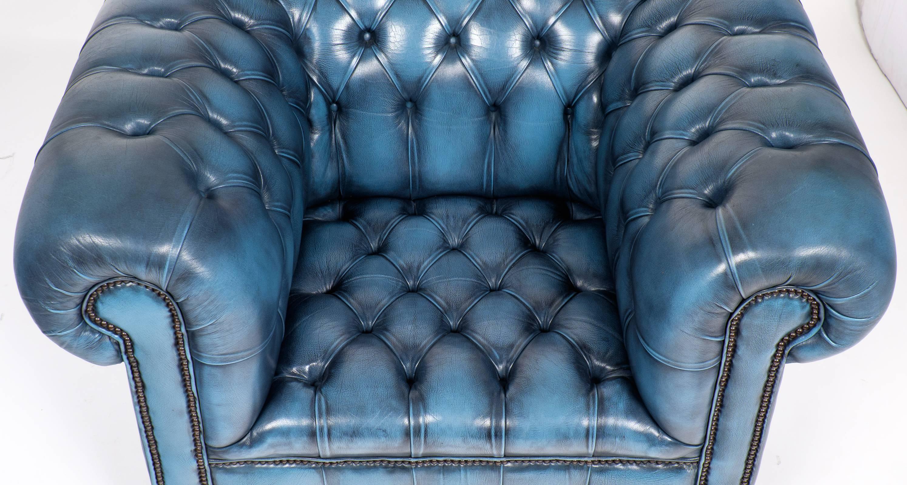 Ebonized Vintage Steel Blue Leather Chesterfield Club Chair