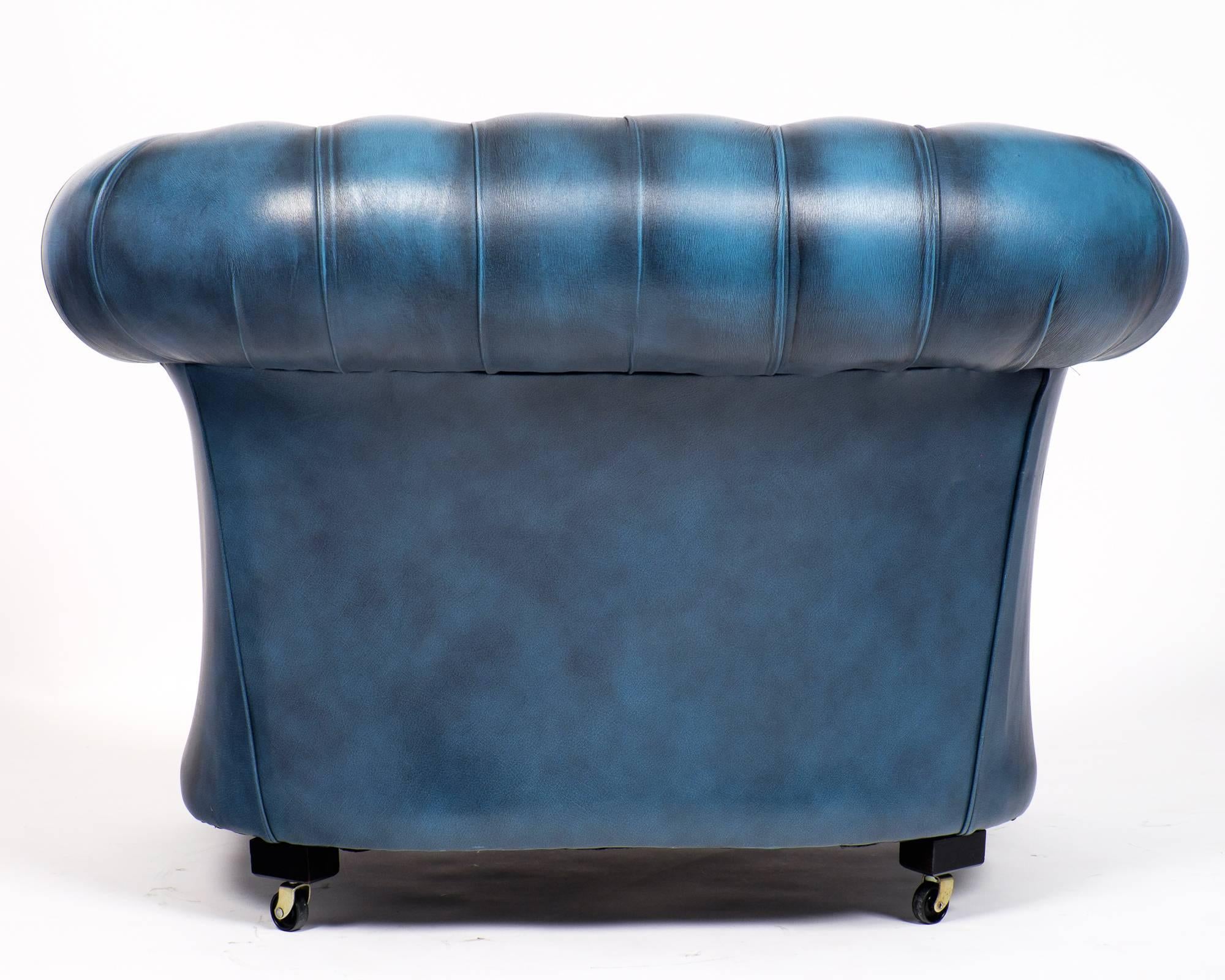 Mid-Century Modern Vintage Steel Blue Leather Chesterfield Club Chair