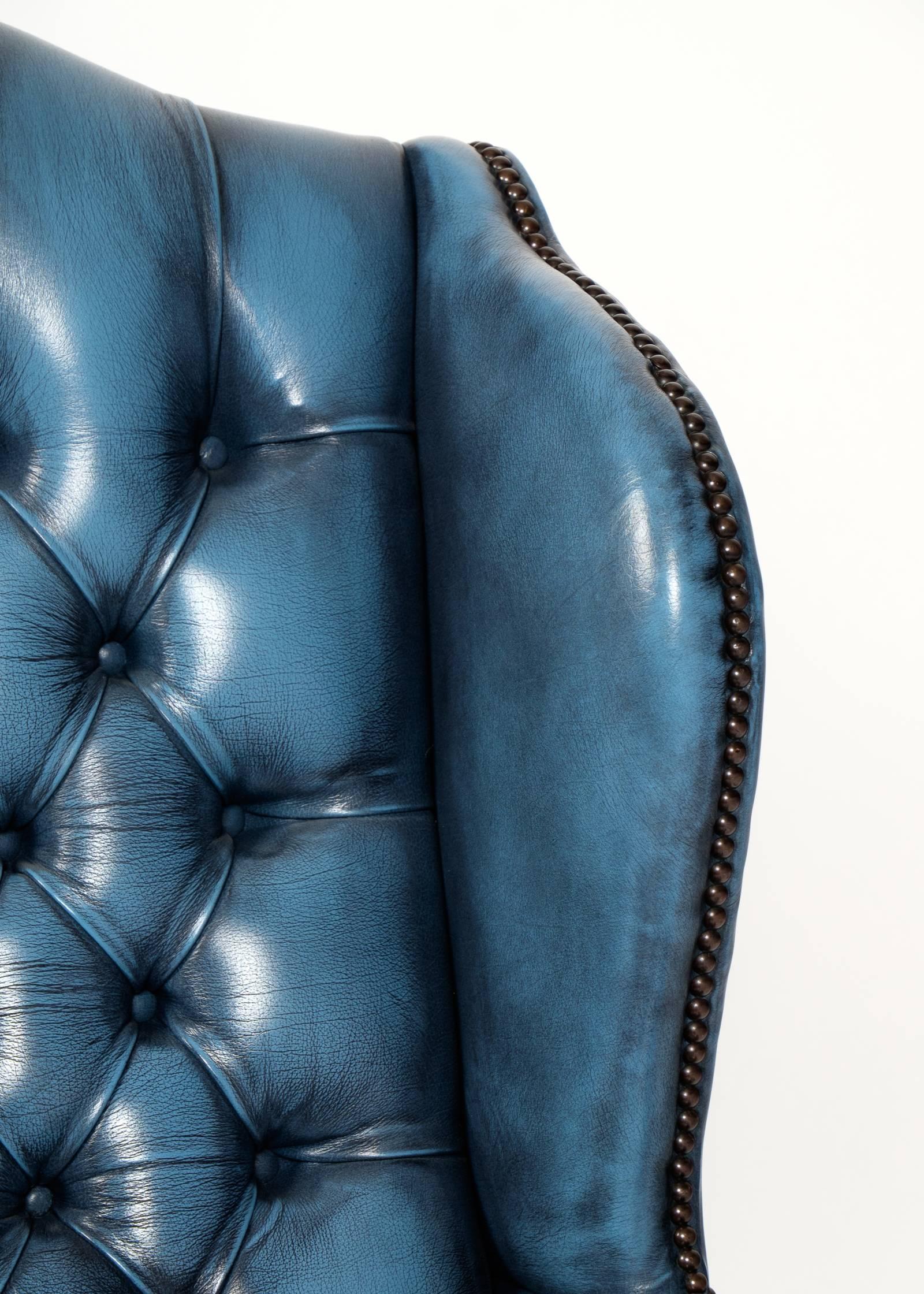 Mid-Century Modern Vintage Steel Blue Leather Chesterfield Wingback Armchair