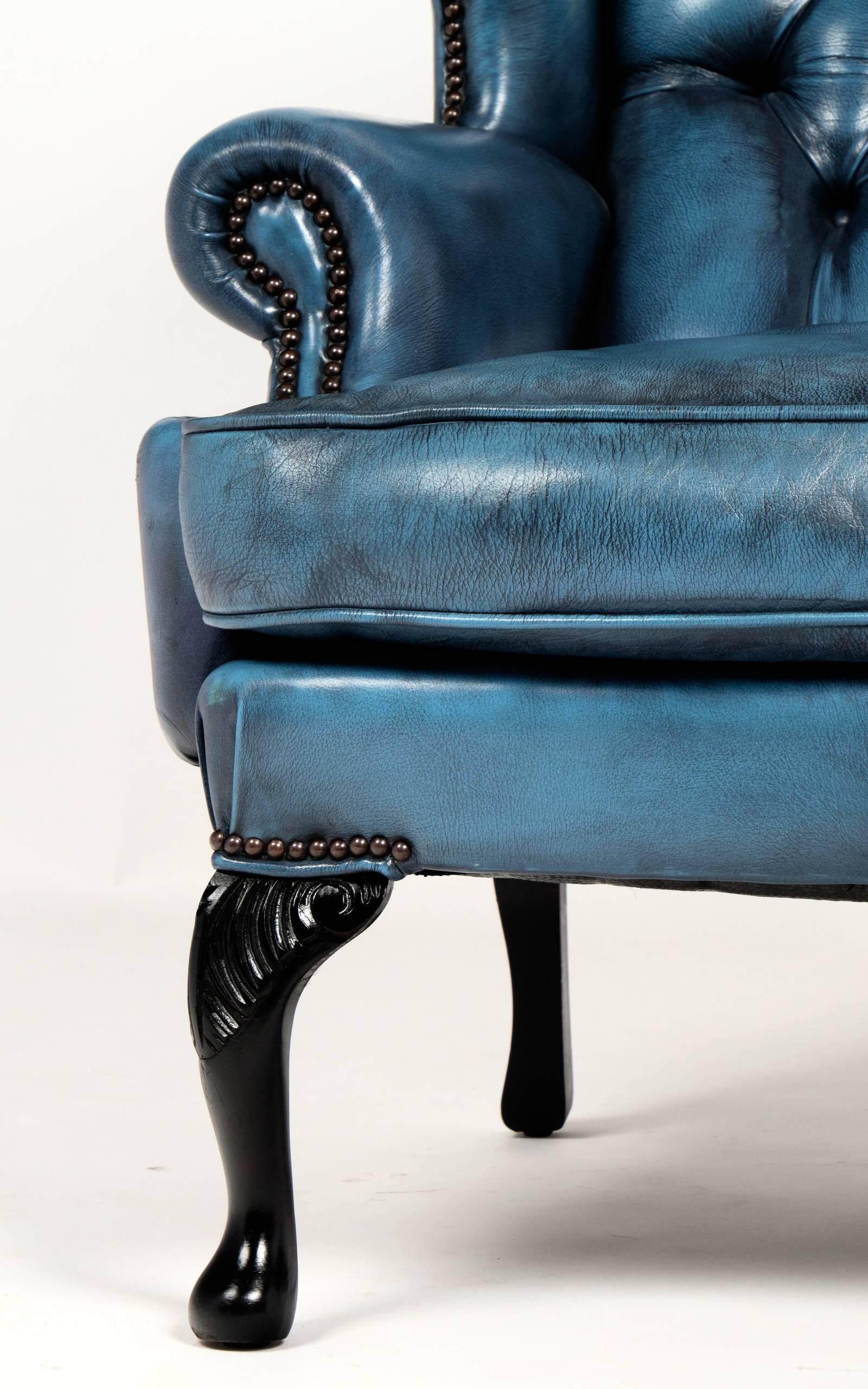 Ebonized Vintage Steel Blue Leather Chesterfield Wingback Armchair