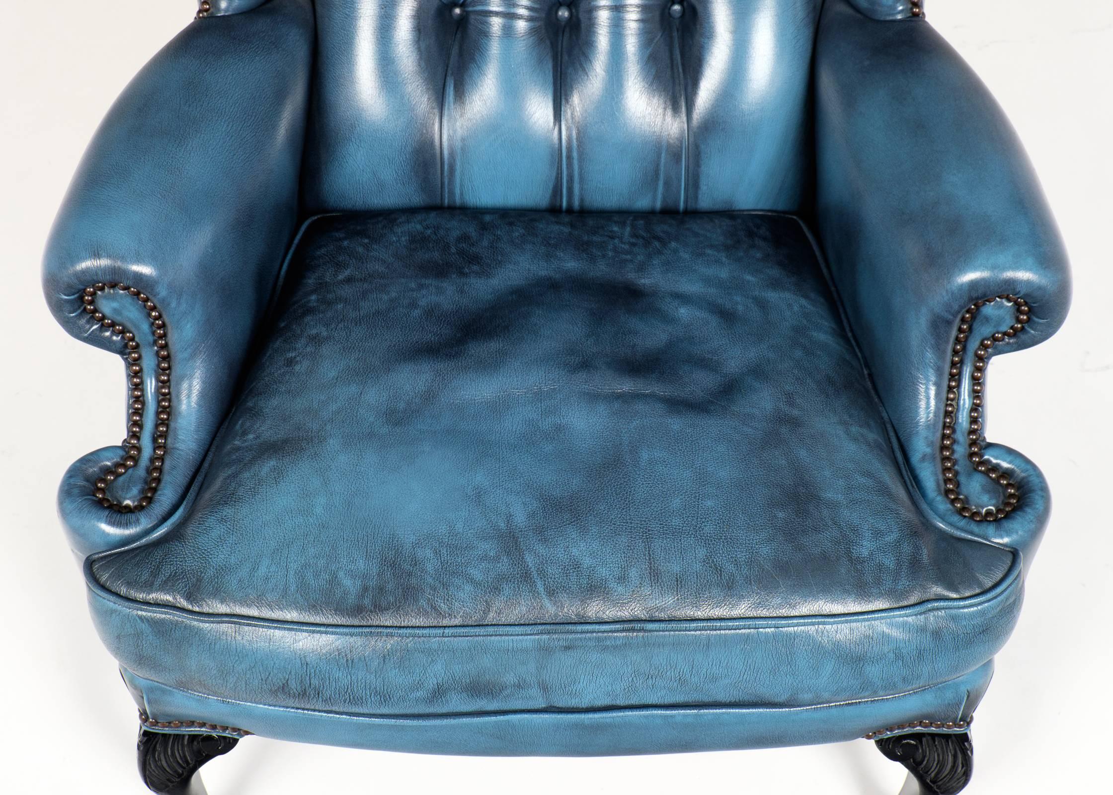 English Vintage Steel Blue Leather Chesterfield Wingback Armchair