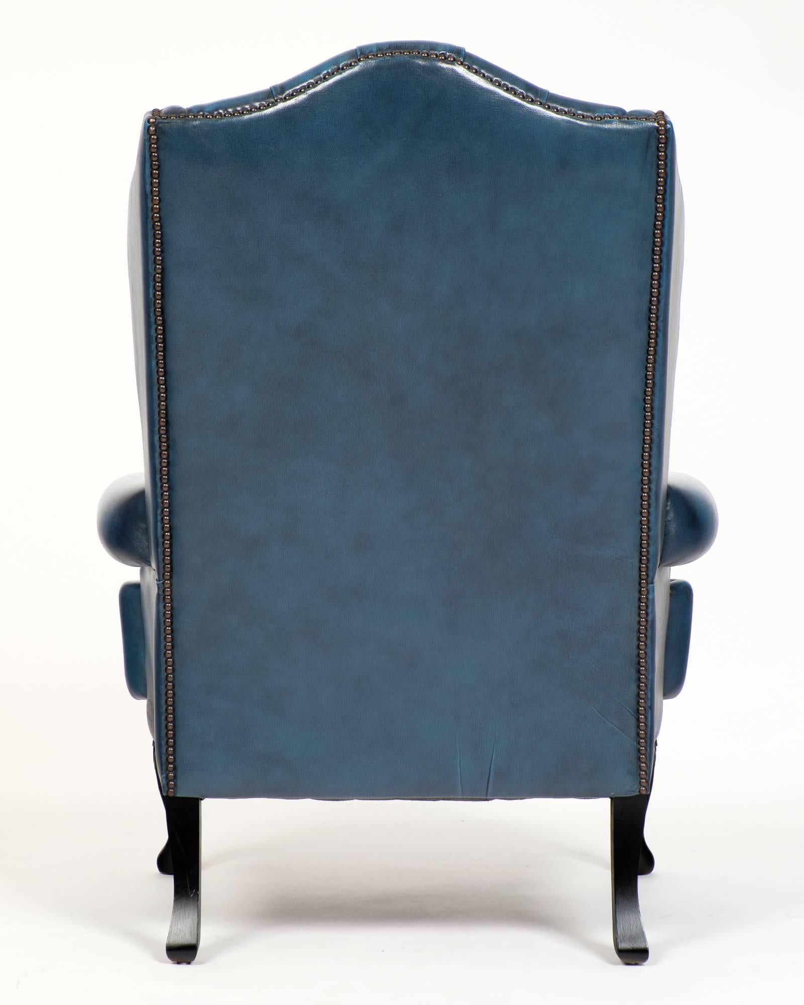 Vintage Steel Blue Leather Chesterfield Wingback Armchair In Good Condition In Austin, TX