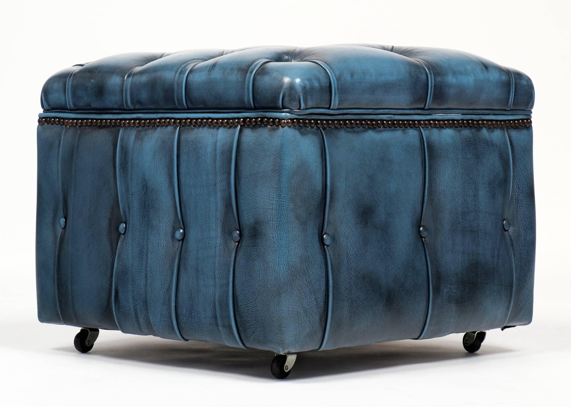 Mid-Century Modern Vintage Steel Blue Leather Chesterfield Storage Ottoman