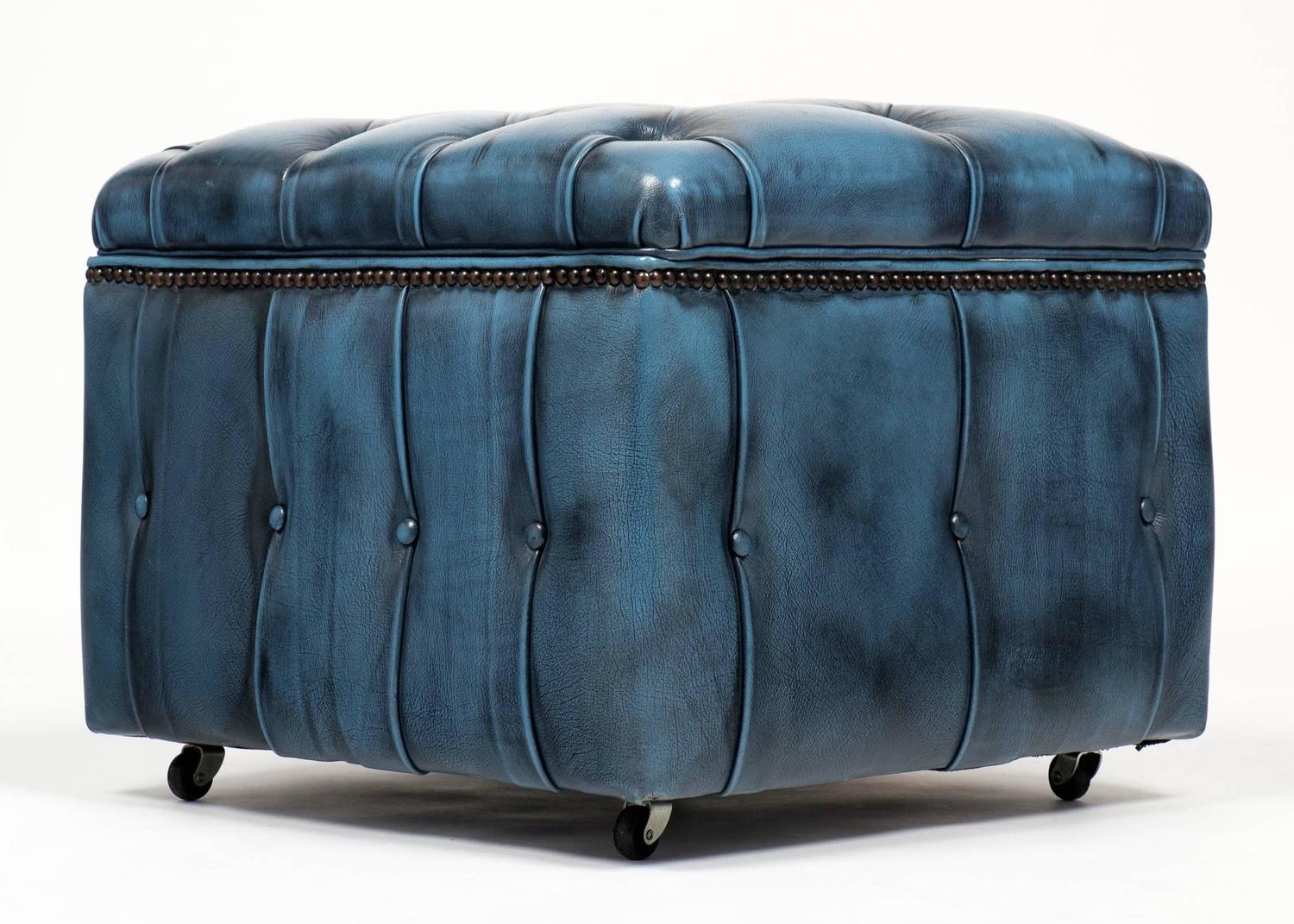 Vintage Steel Blue Leather Chesterfield Storage Ottoman at 1stdibs