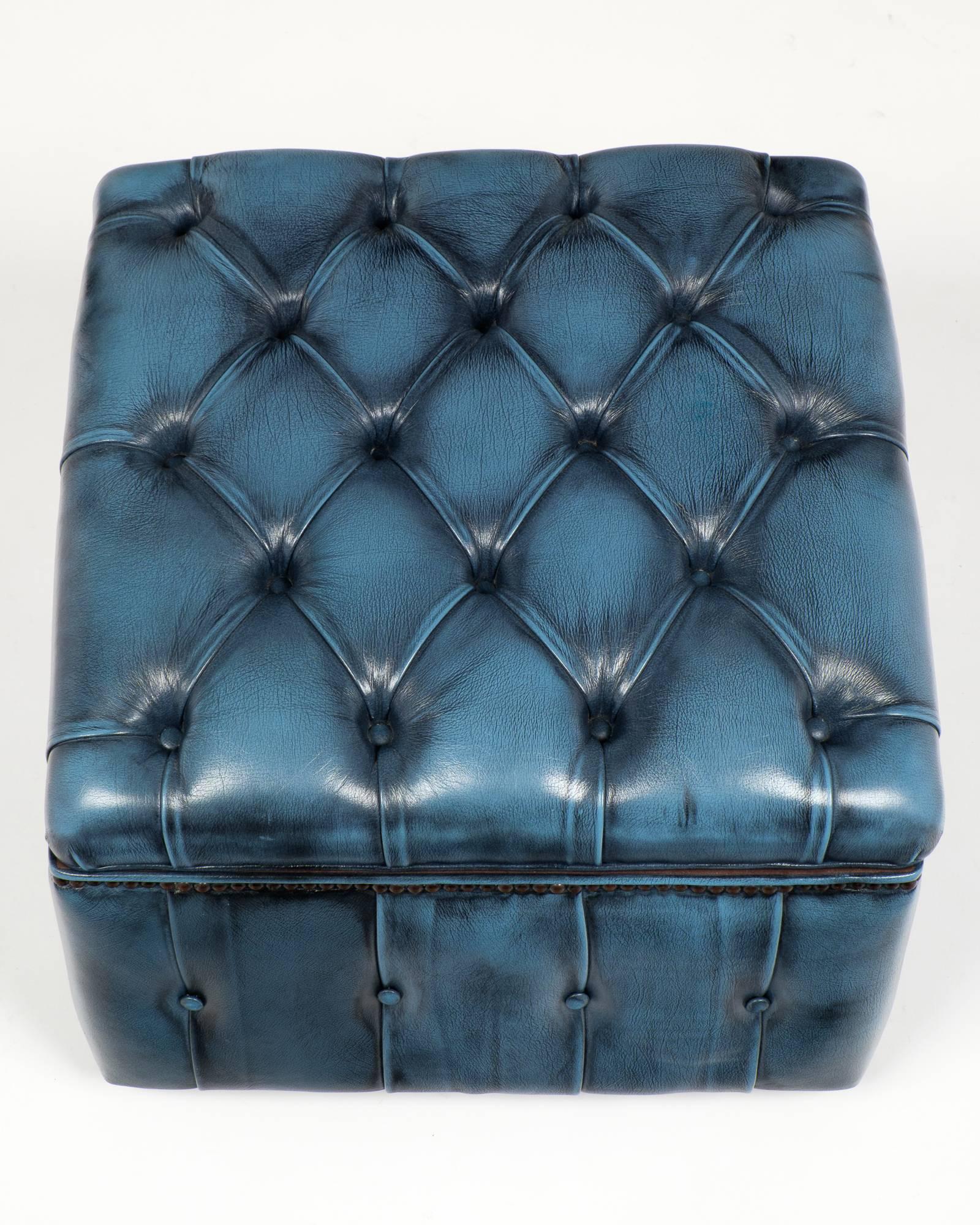 blue leather storage ottoman