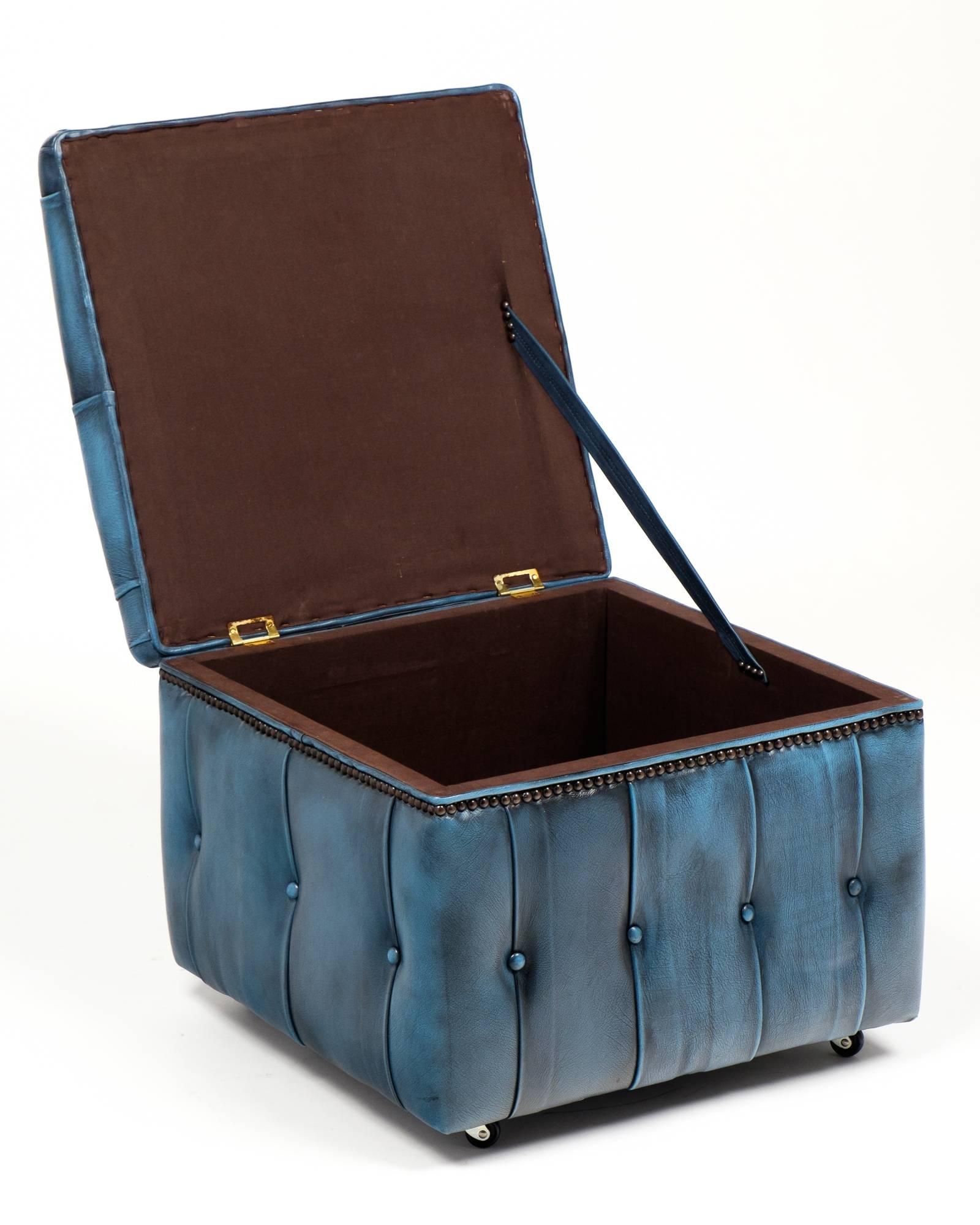 blue leather storage ottoman