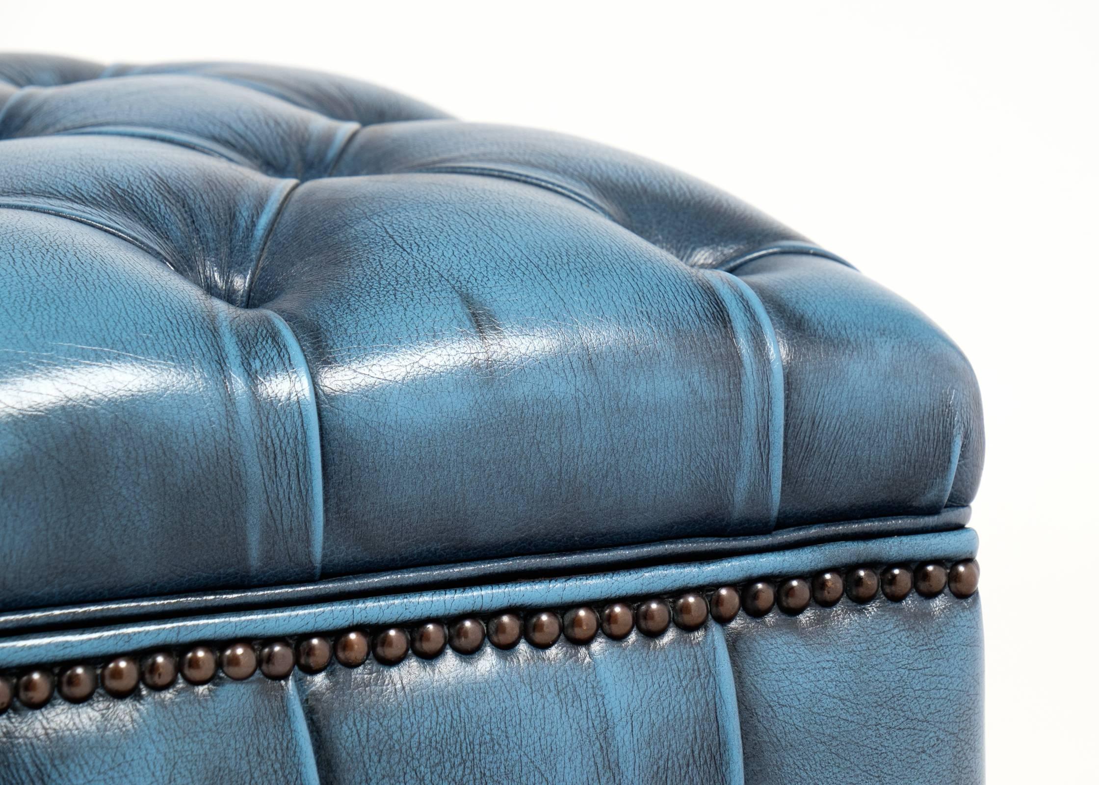 Vintage Steel Blue Leather Chesterfield Storage Ottoman In Good Condition In Austin, TX