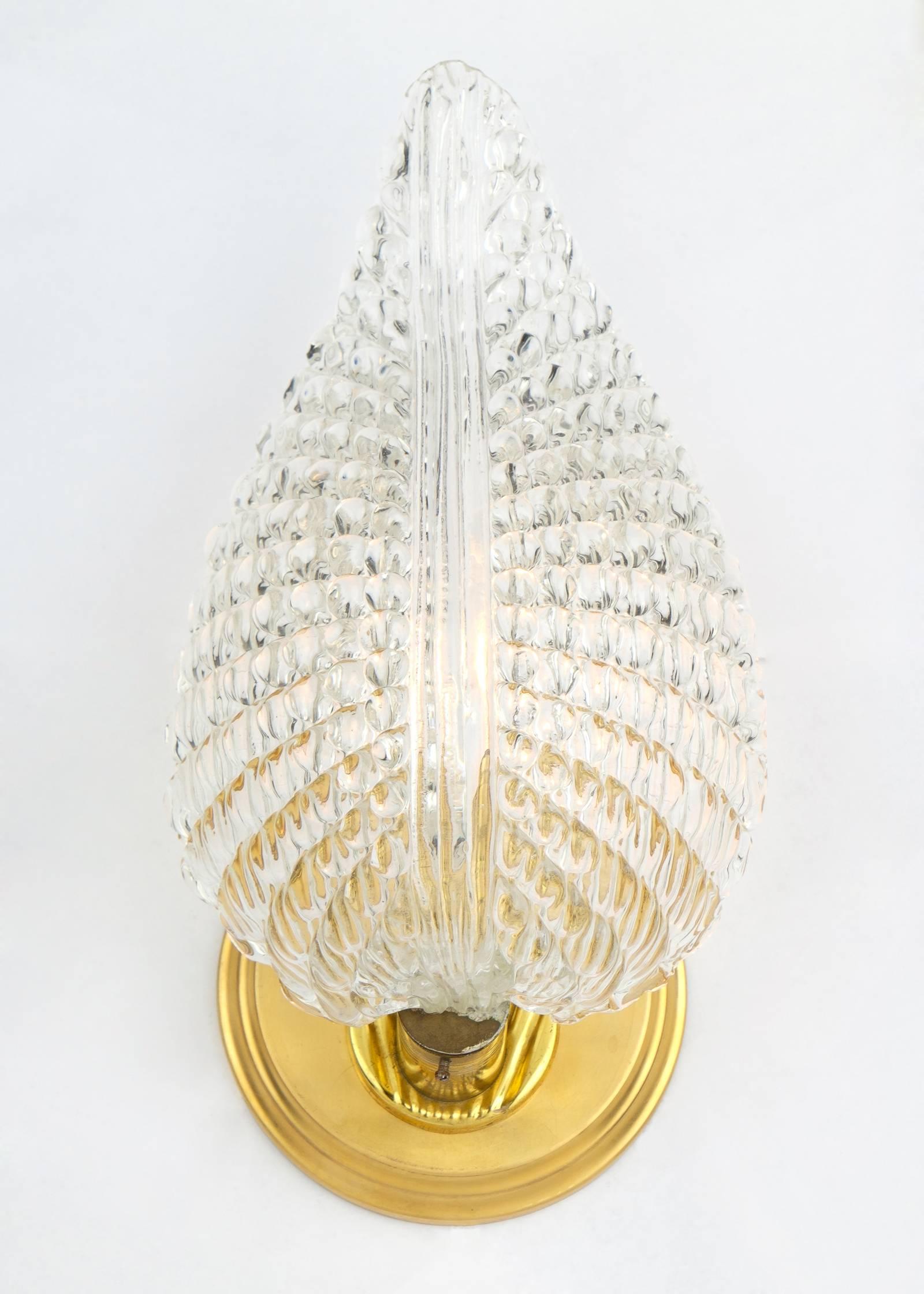 Art Deco Murano Glass Leaf and Brass Wall Sconces