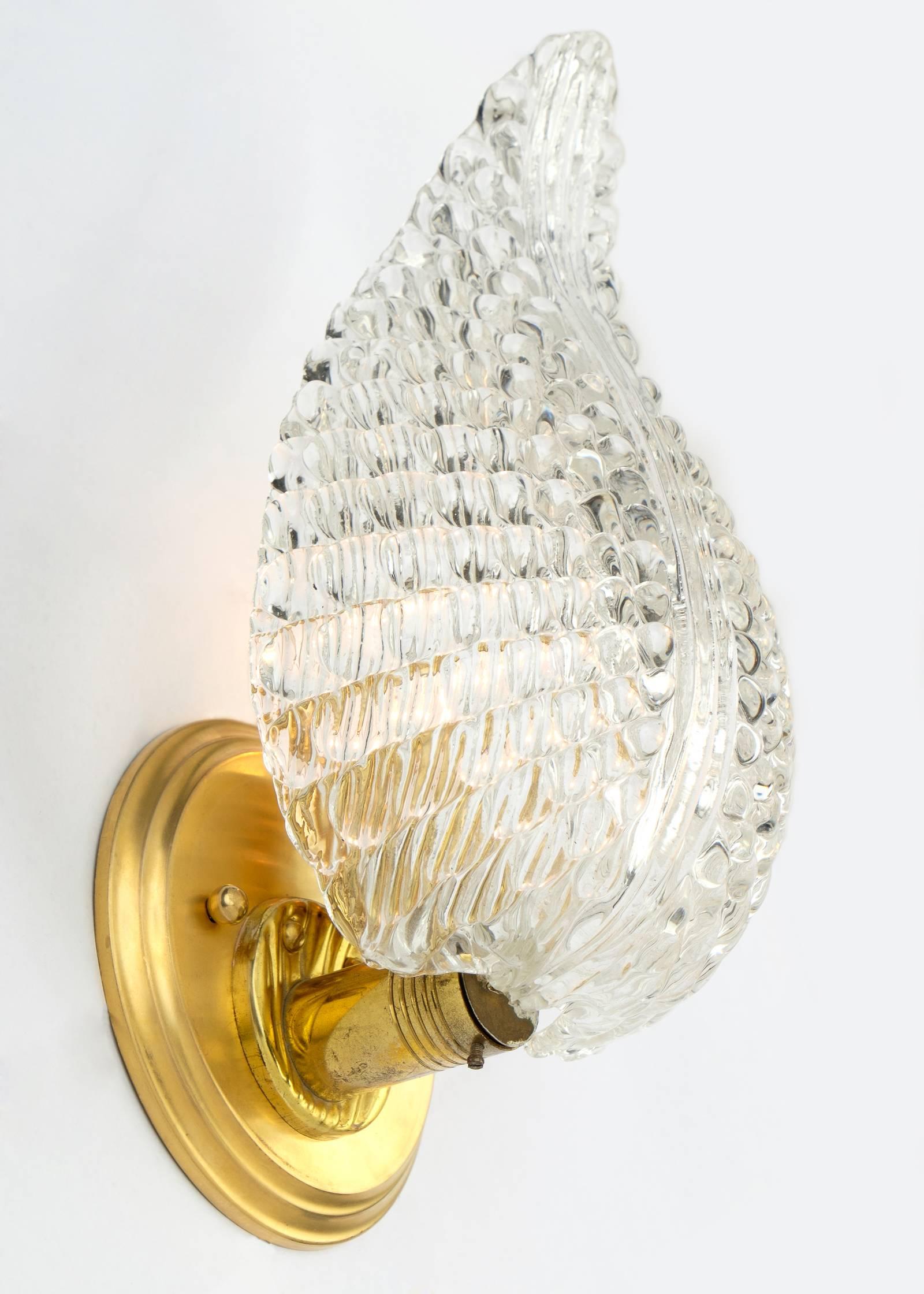 Italian Murano Glass Leaf and Brass Wall Sconces