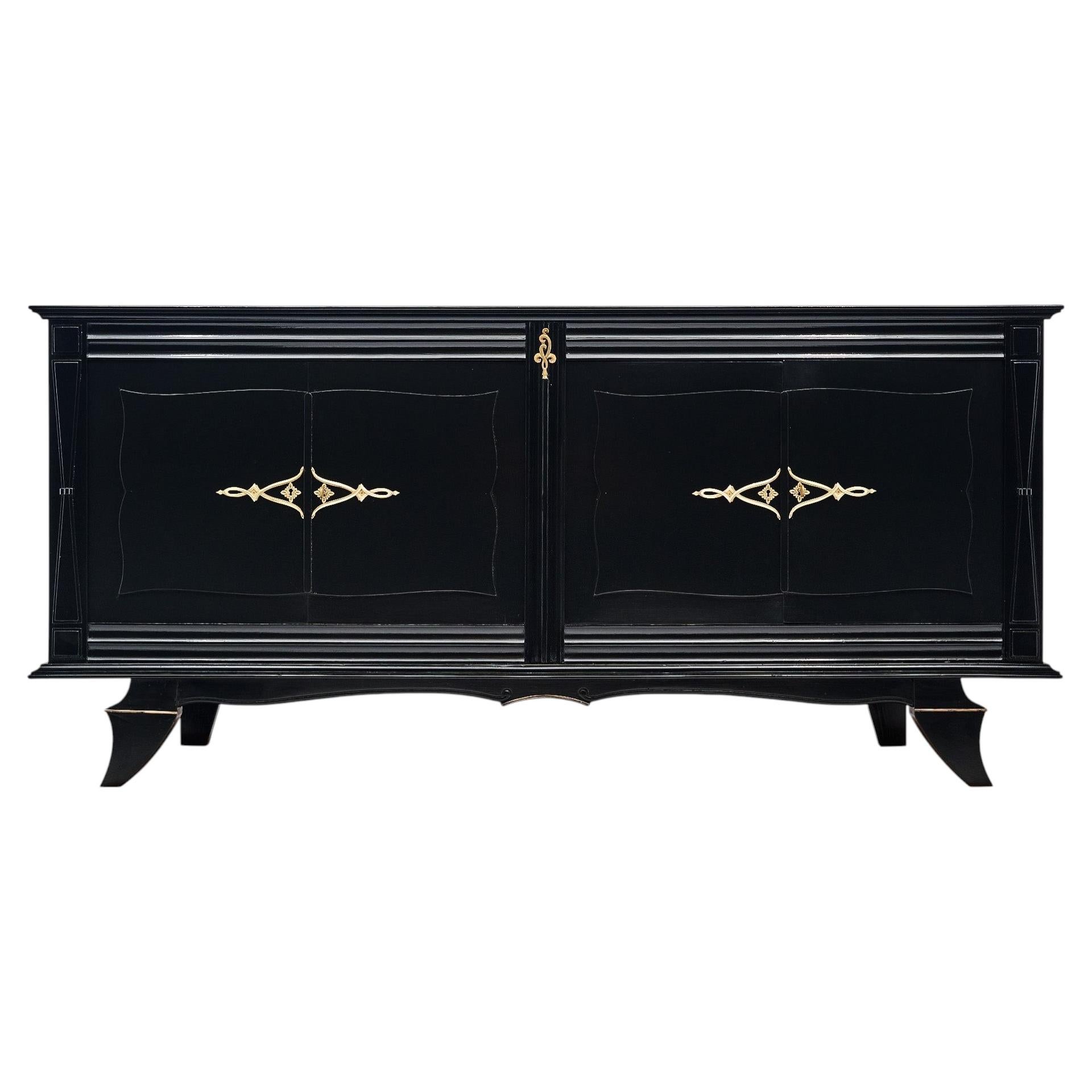 Ebonized French Buffet, Art Deco Style, Brass Details, 1940, Good For Sale