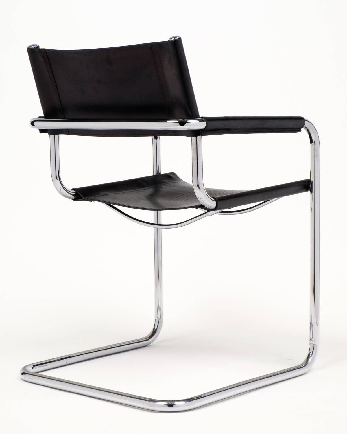 Marcel Breuer Black Leather and Tubular Chrome Steel Chairs, Set of