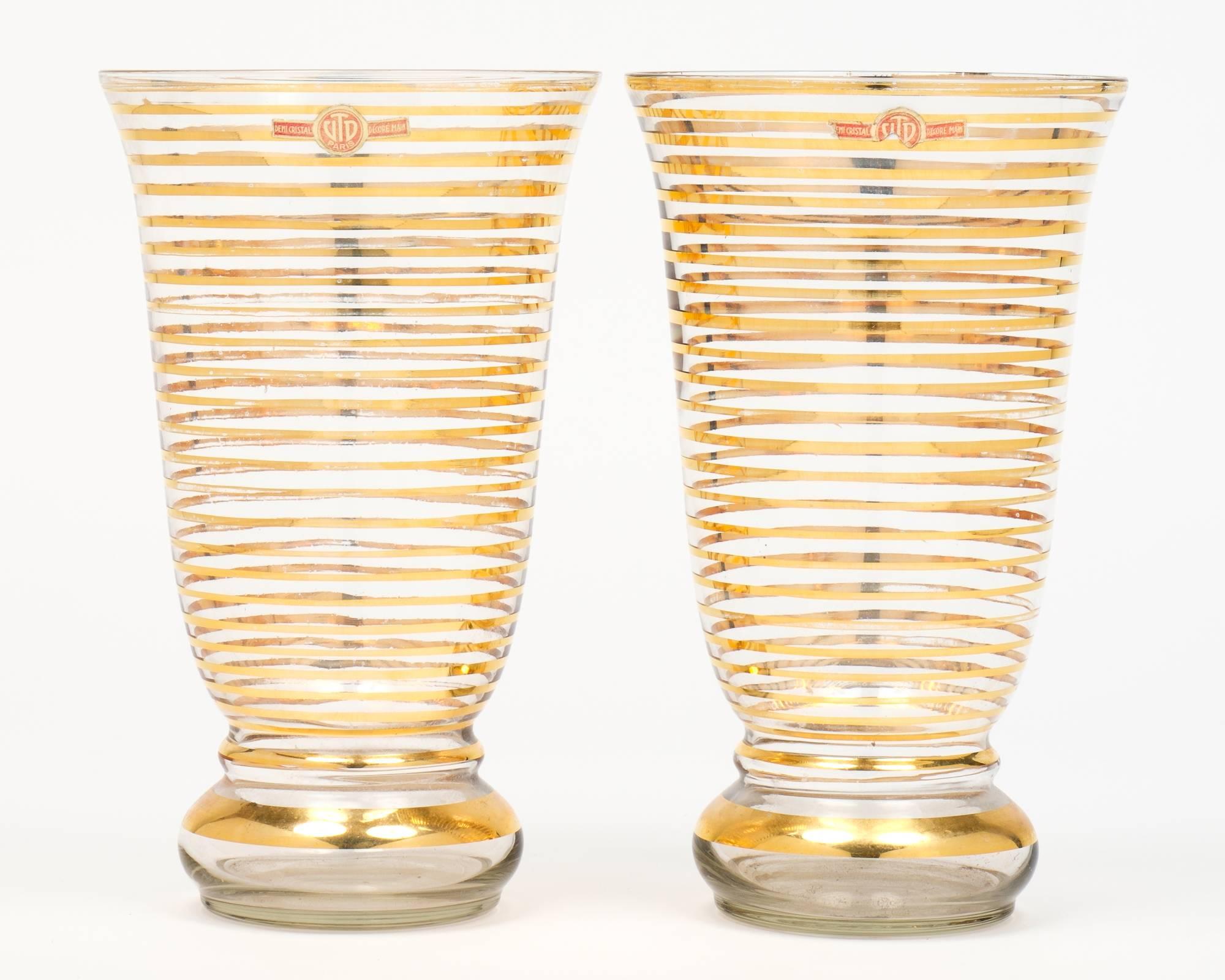 20th Century French Art Deco Gilt Stripe Crystal Vases