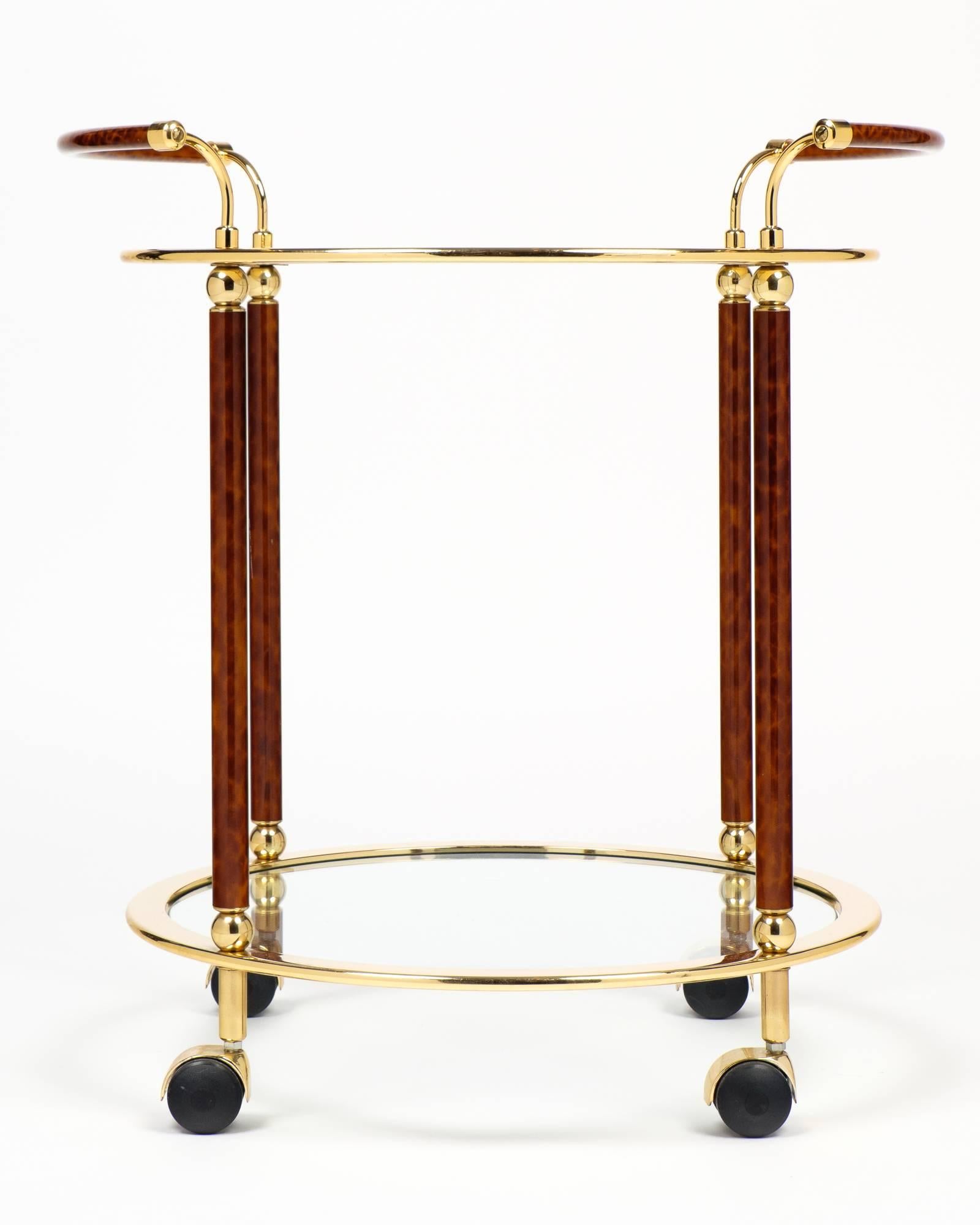 Mid-Century Modern Vintage French Round Brass Glass Top Bar Cart by Maison Lancel