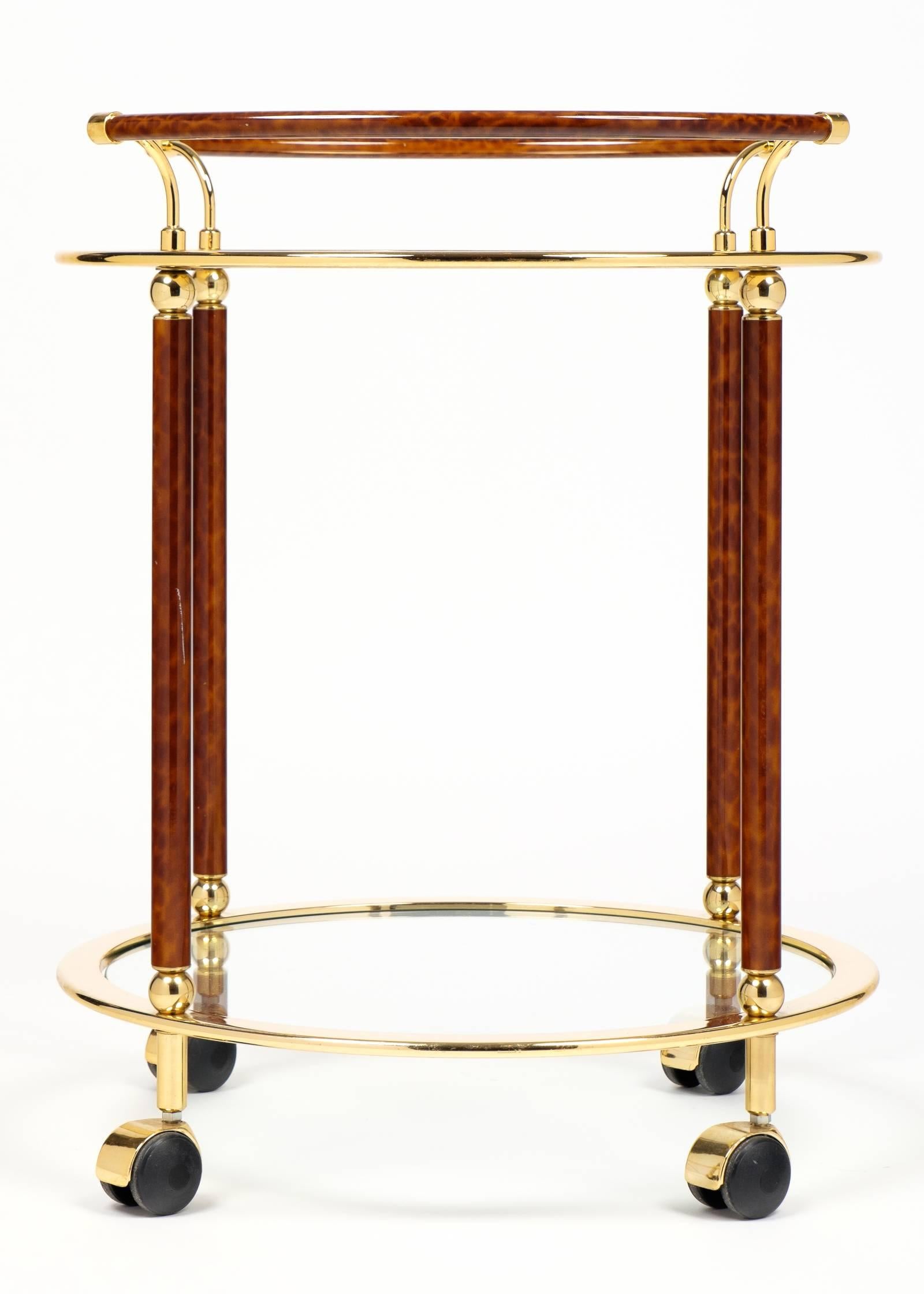 Vintage French Round Brass Glass Top Bar Cart by Maison Lancel In Good Condition In Austin, TX