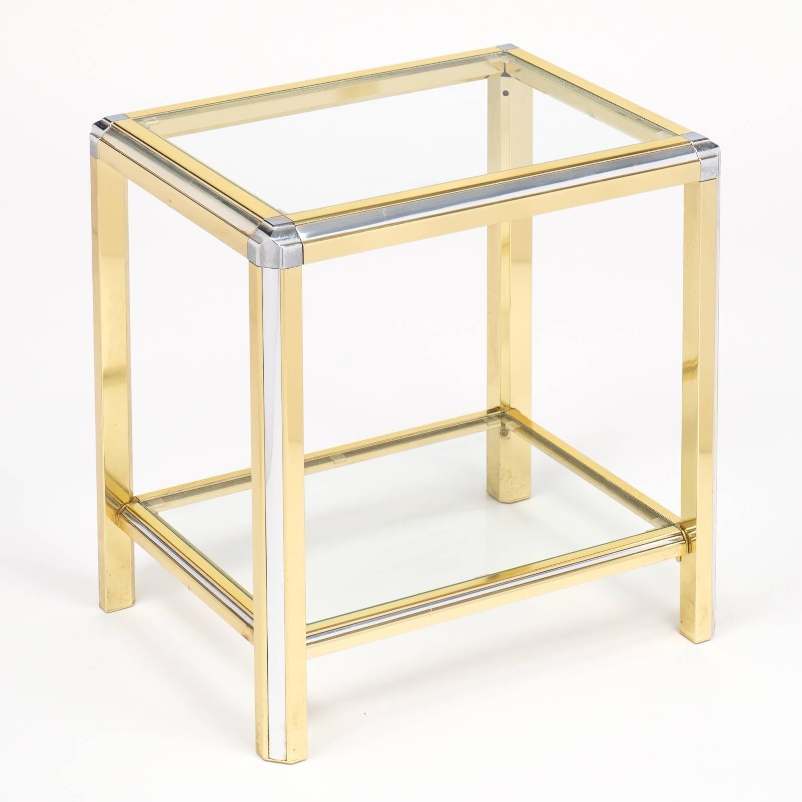 Pair of Vintage French Brass and Chrome Glass Top Side Tables In Good Condition In Austin, TX