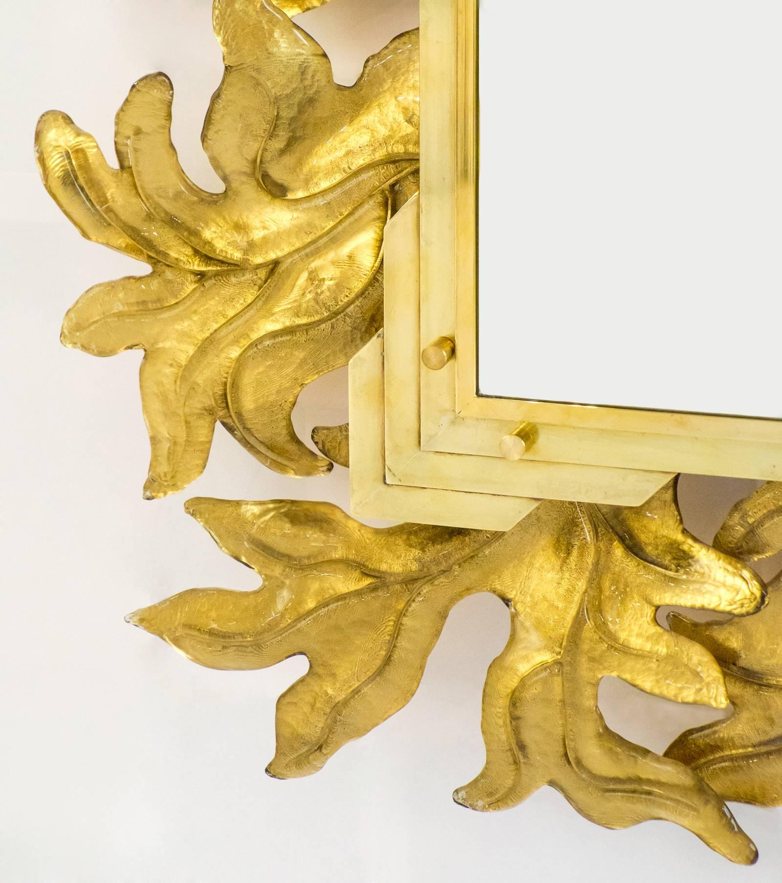 Contemporary Large Murano Glass Gold Leaf Brass Mirror For Sale