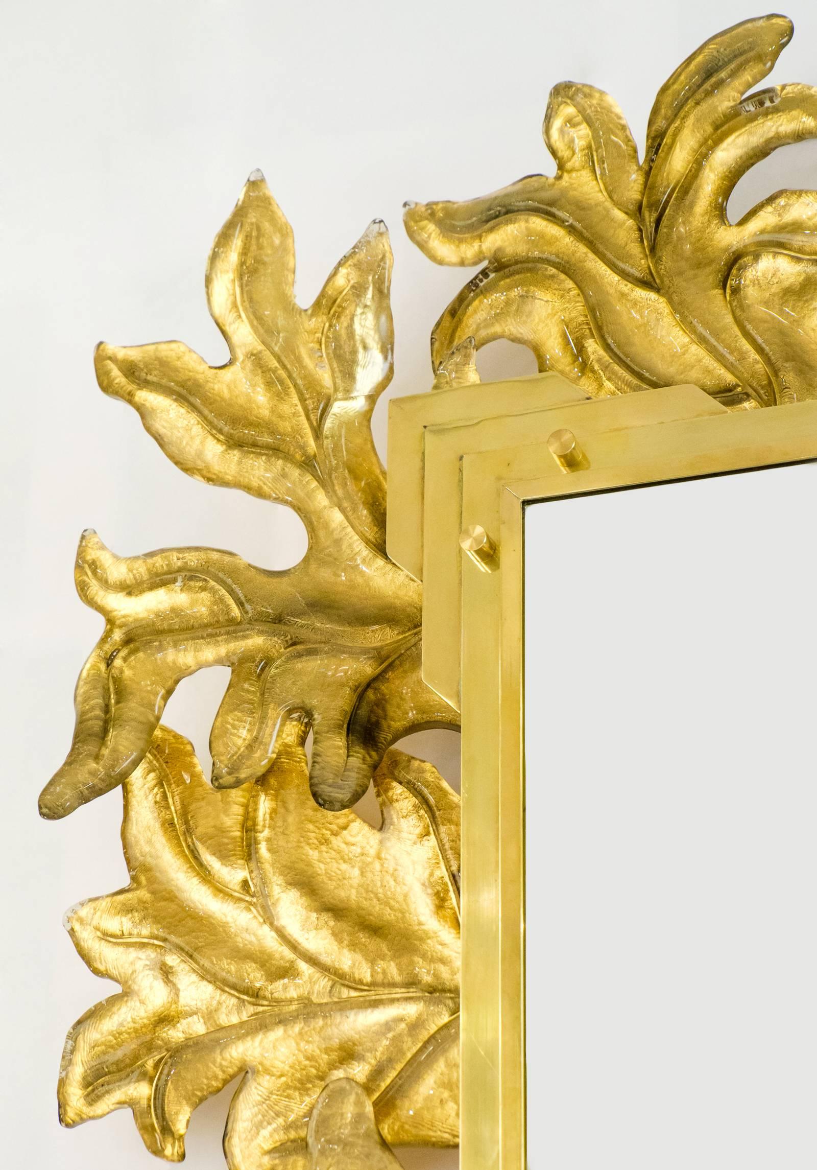 French Large Murano Glass Gold Leaf Brass Mirror For Sale