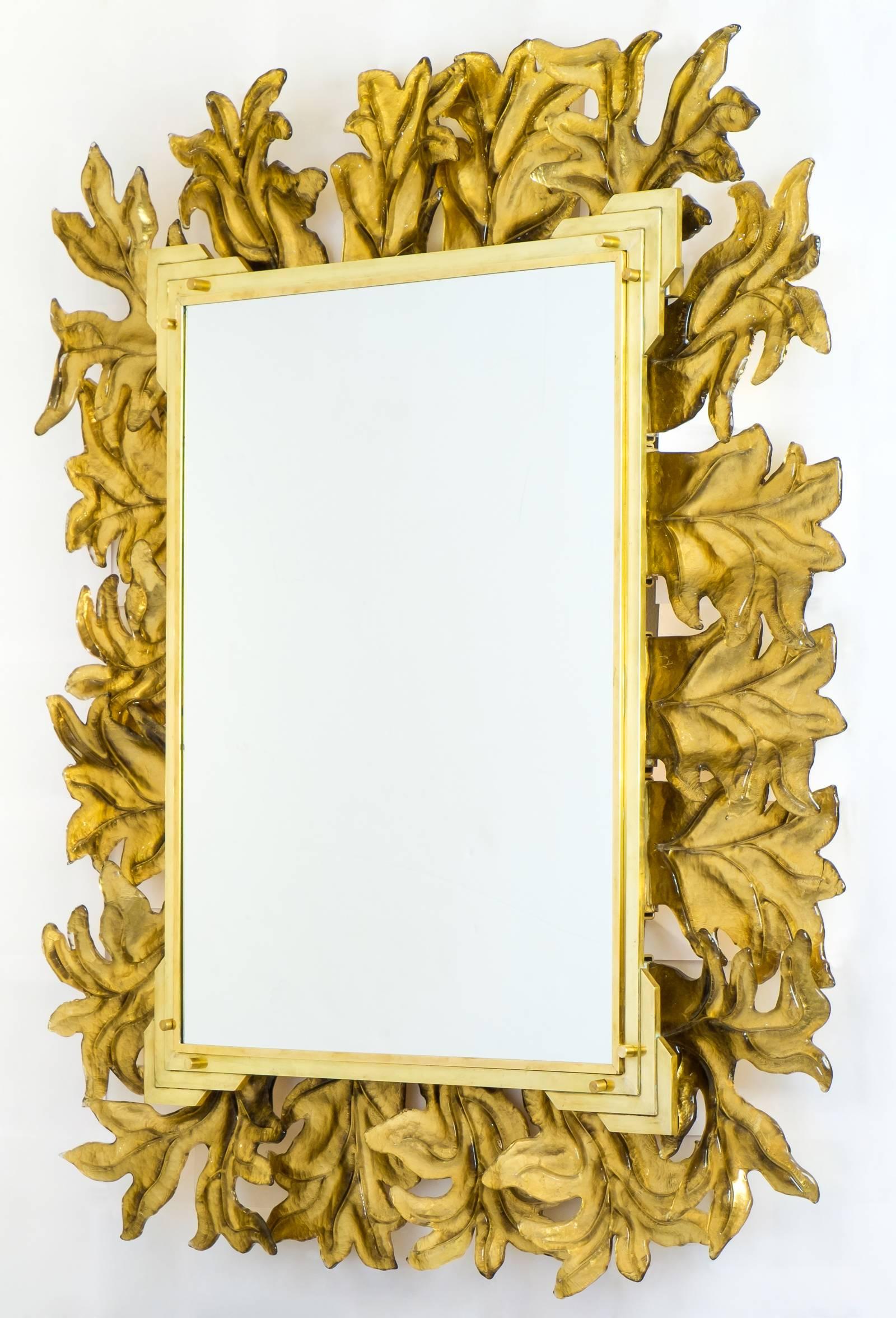 Mid-Century Modern Large Murano Glass Gold Leaf Brass Mirror For Sale