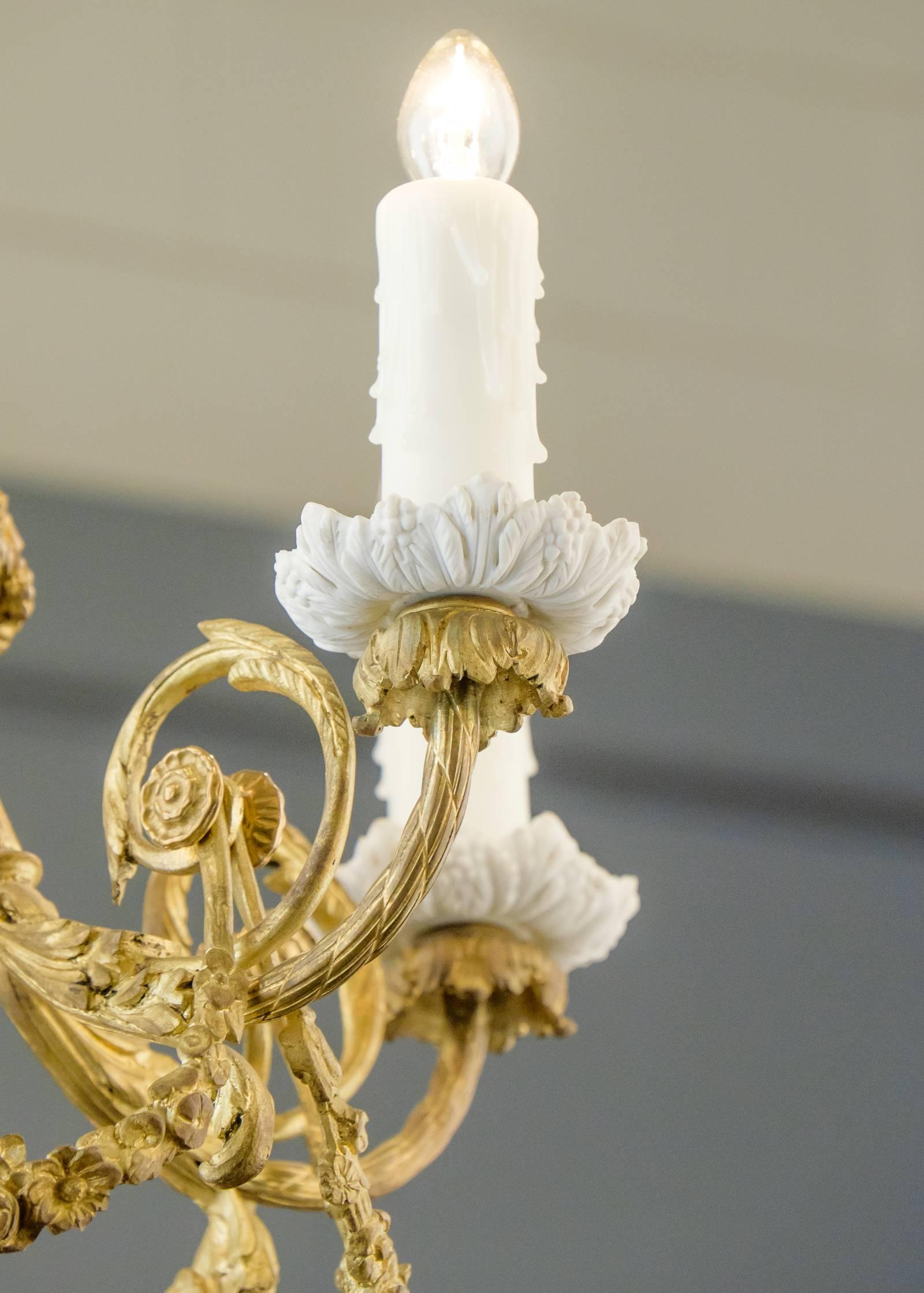 20th Century French 19th Century Gold-Leafed Chandelier with Porcelain Bobeches