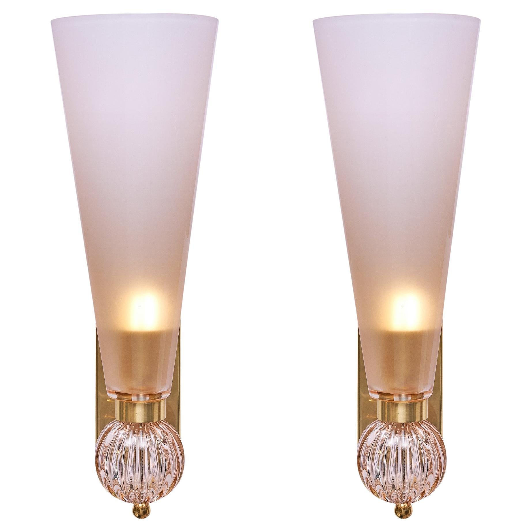 Murano Glass Pink Sconces, Brass Structure, Mid-Century Modern Style, Italy For Sale
