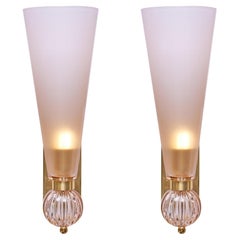 Murano Glass Pink Sconces, Brass Structure, Mid-Century Modern, Italy