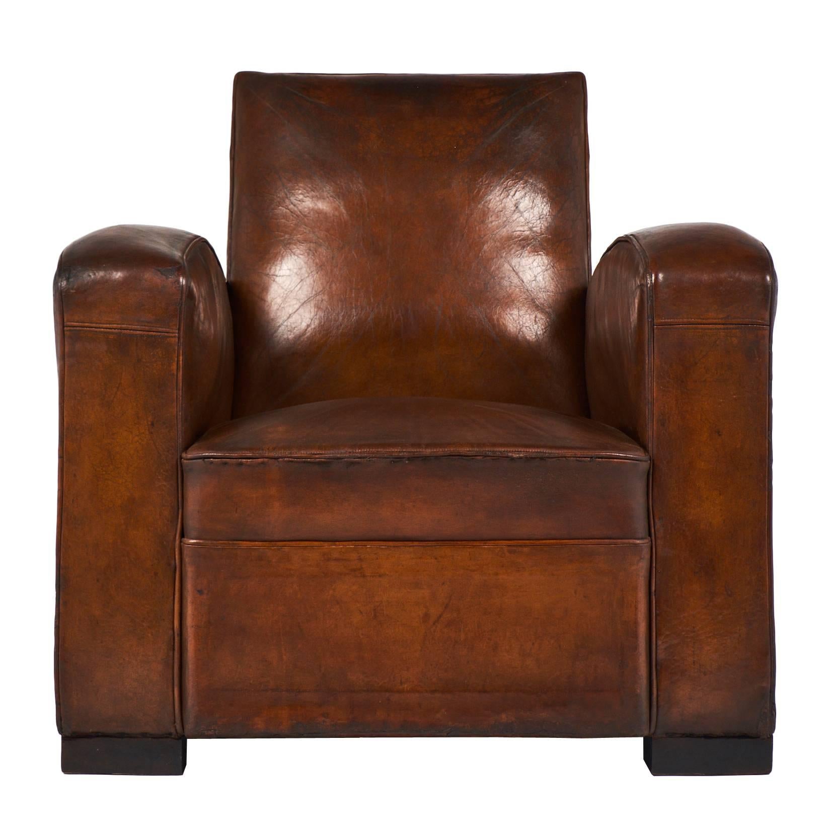 French 1940s Original Leather Club Chair