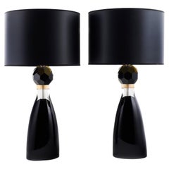 Coppia di lampade da tavolo in vetro nero di Murano
