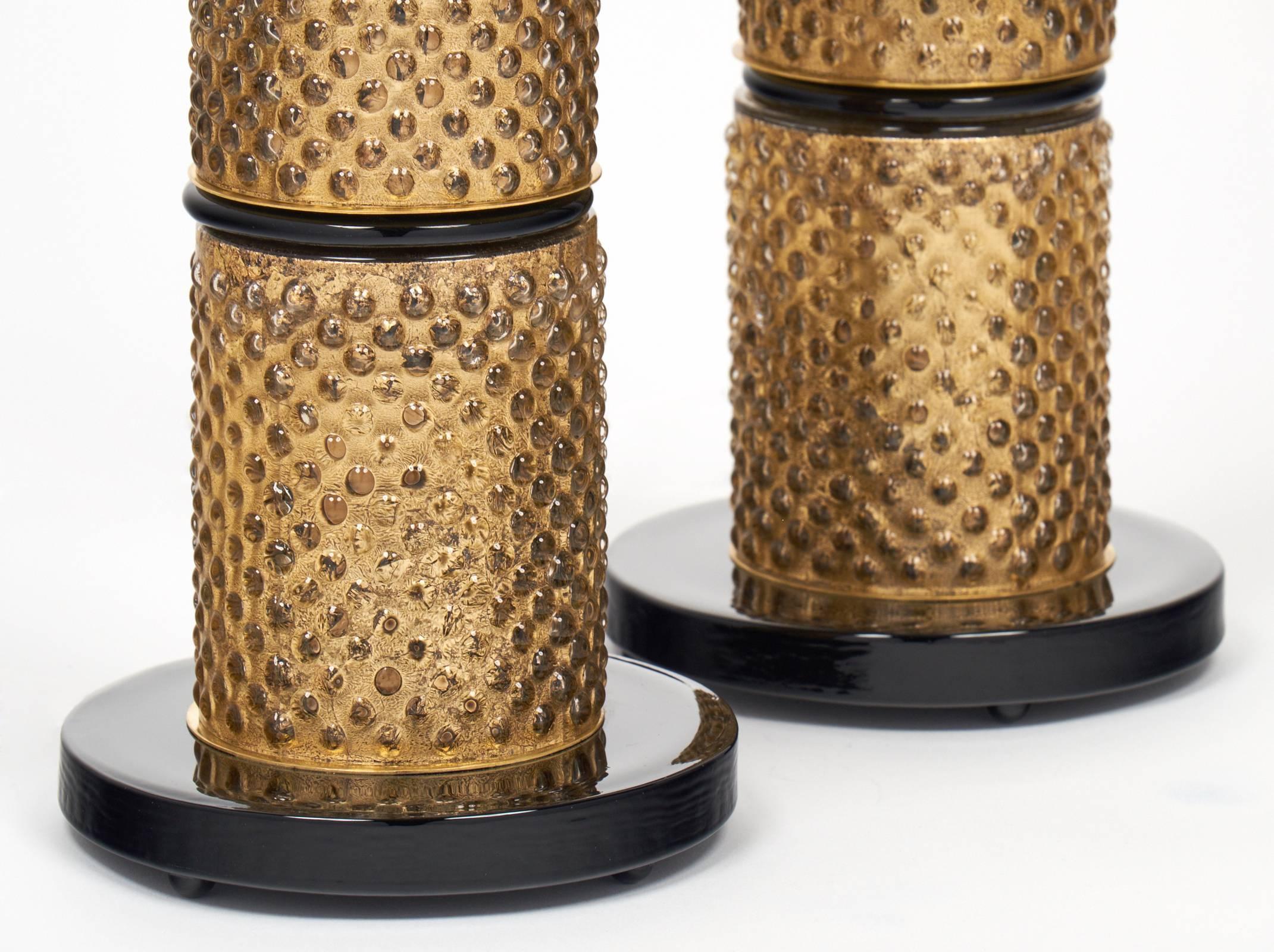 Contemporary Pair of Murano Gold Leaf and Black Glass Table Lamps For Sale