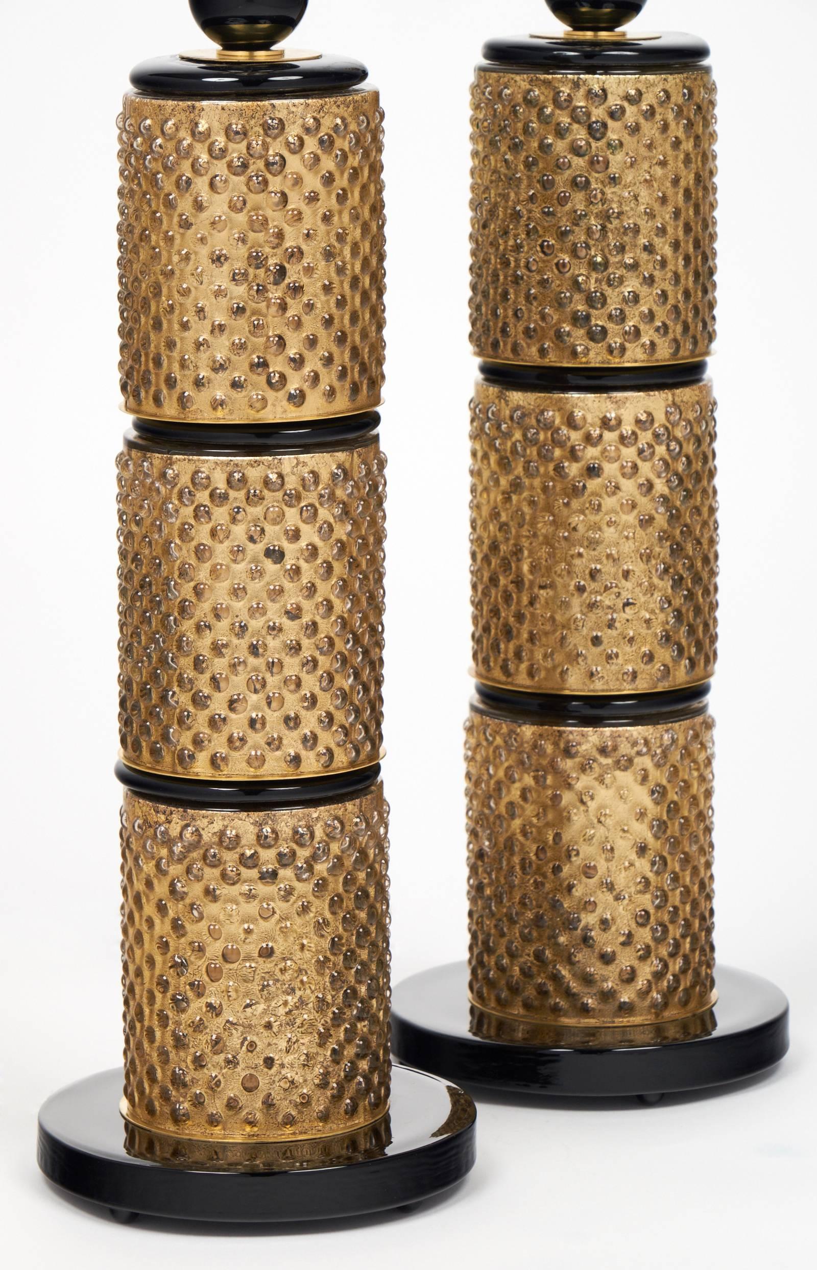 Italian Pair of Murano Gold Leaf and Black Glass Table Lamps For Sale