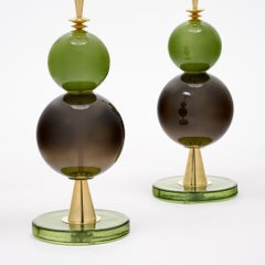 Venetian Blown Glass Lamps, Green Glass and Brass, Murano, Italy
