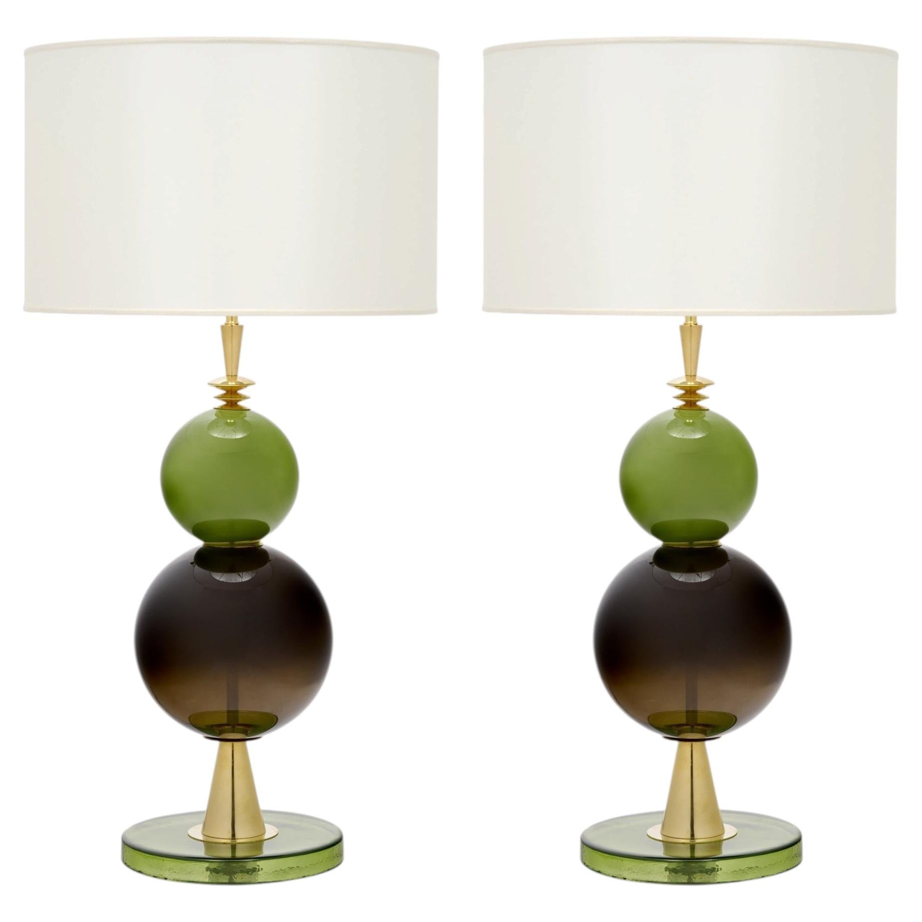 Venetian Blown Glass Lamps, Green Glass and Brass, Murano, Italy