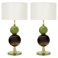 Venetian Blown Glass Lamps, Green Glass and Brass, Murano, Italy