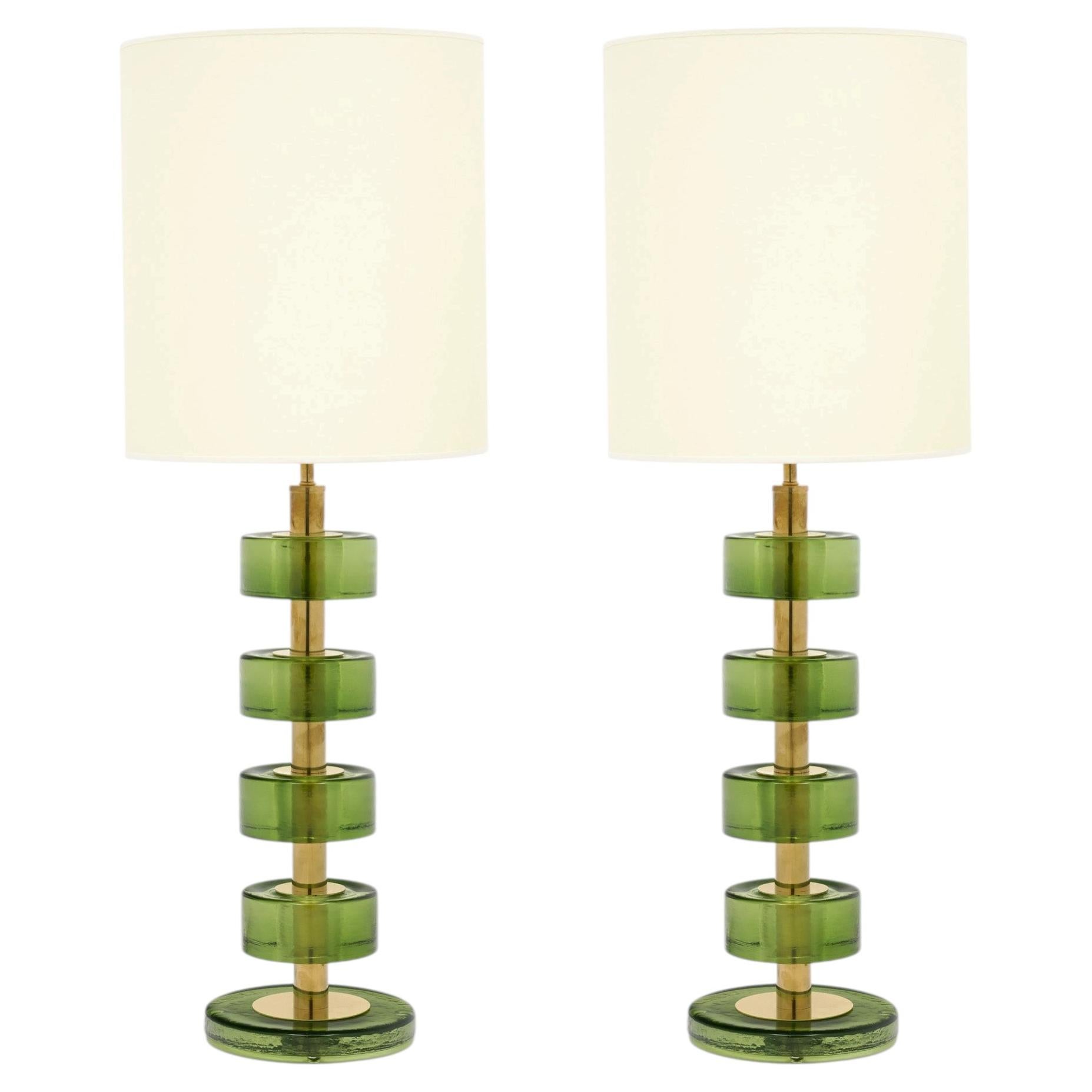 Modern Venetian Glass and Brass Lamps with Green Drum Glass, Murano, Italy