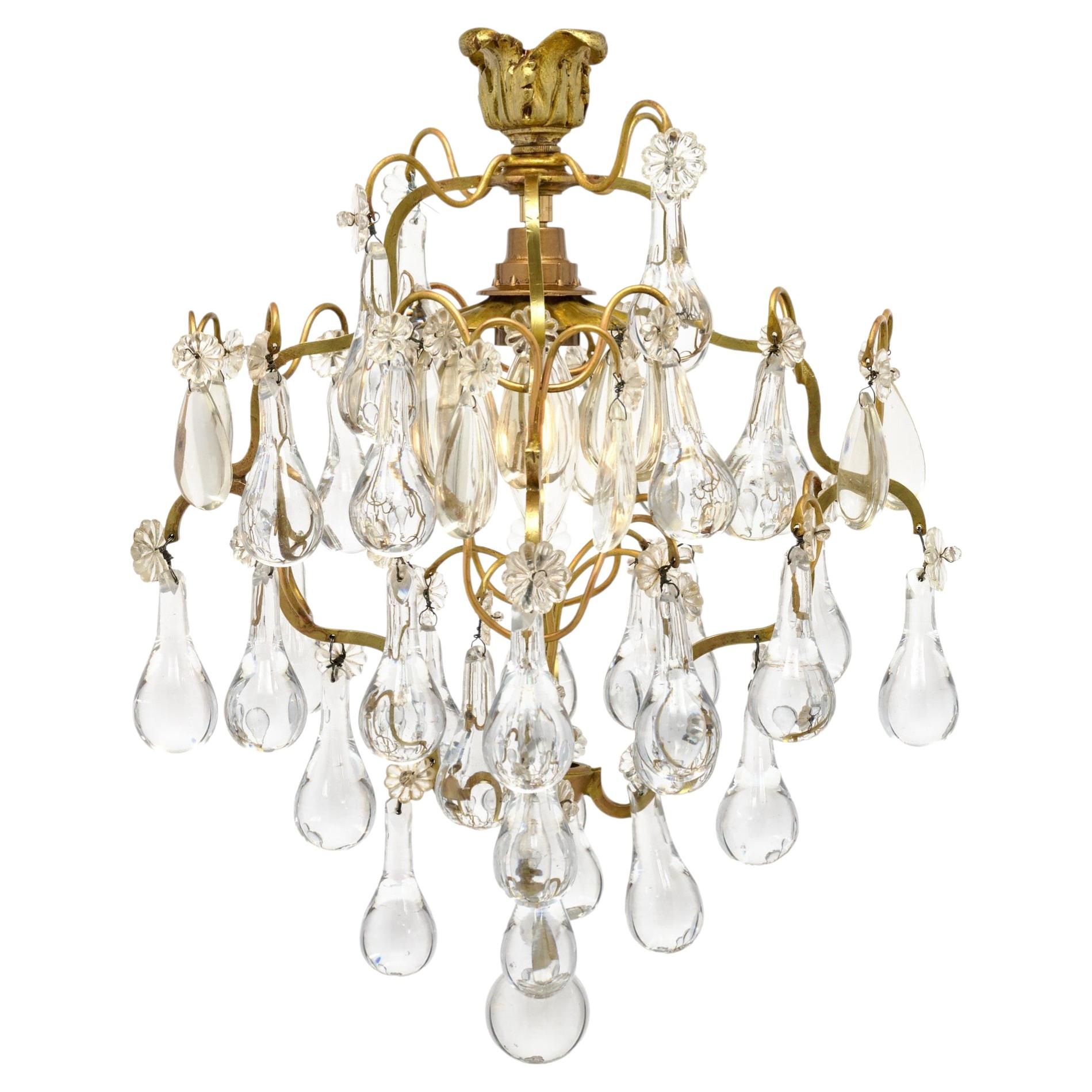 French Crystal Drop Pendant, Antique Brass, Circa 1920
