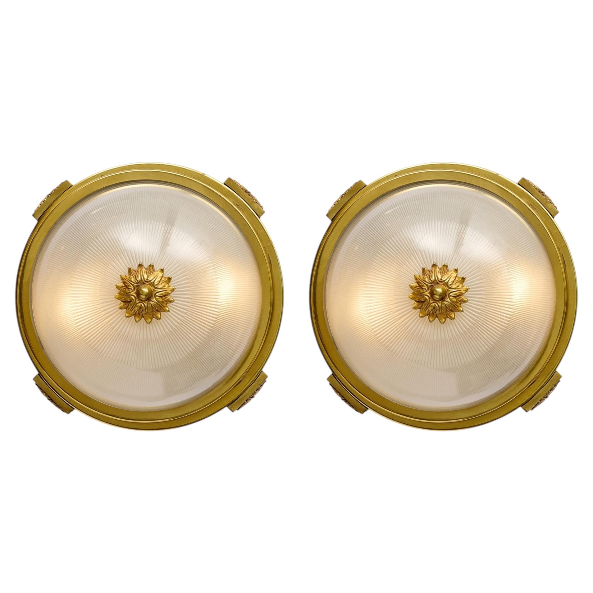Art Deco Period French Ceiling Mounts, Brass and Etched Glass