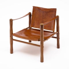 Safari-Sessel im Mid-Century-Modern-Stil aus Holz und cognacfarbenem Leder