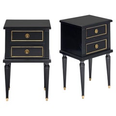 Pair Of French Louis XVI Style Ebonized And Brass Two-Drawer Side Tables