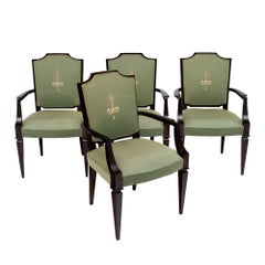 Set of Four French Art Deco Ebonized Wood and Green Upholstered Armchairs
