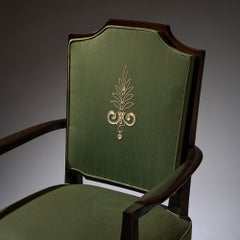 Vierer-Set französischer Art-Déco-Sessel aus ebonisiertem Holz mit grüner Polsterung