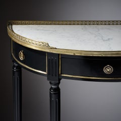 French Louis XVI Style Ebonized, Brass And Marble Demi-Lune Console Table