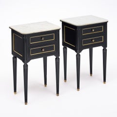 Pair of French Louis XVI Style Ebonized and Brass Marble-Top Side Tables
