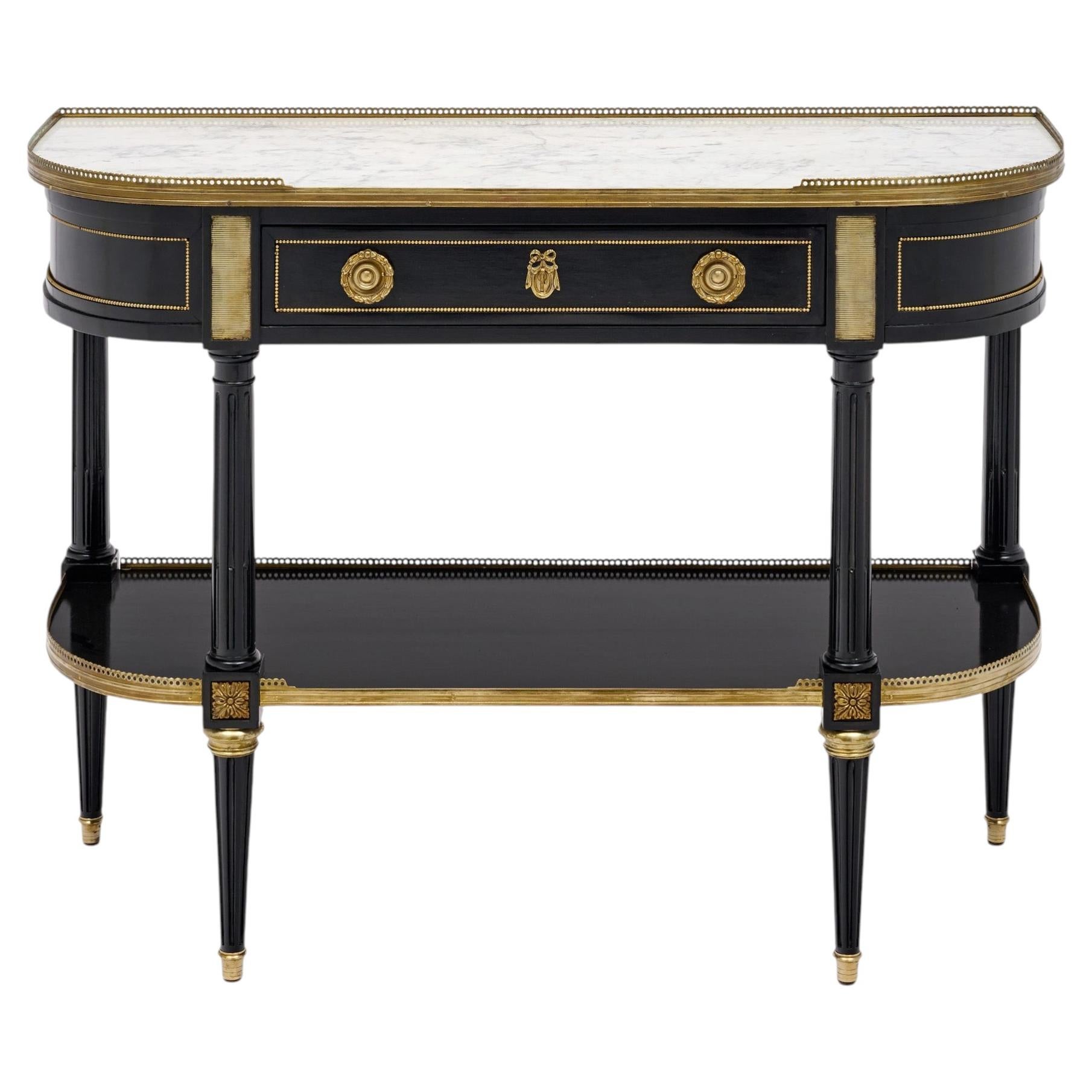 French Louis XVI Style Ebonized, Brass and Marble Console Table For Sale