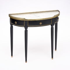 French Louis XVI Style Ebonized, Brass and Marble Demi-Lune Console Table