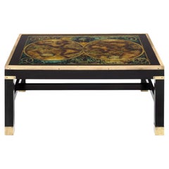 Neoclassical Ebonized and Brass Coffee Table with Antique World Map Top