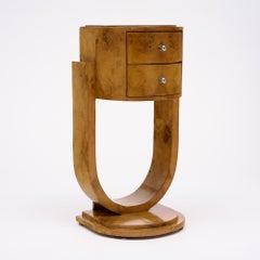 French Art Deco Burled Ash Side Table with Architectural U-form Base