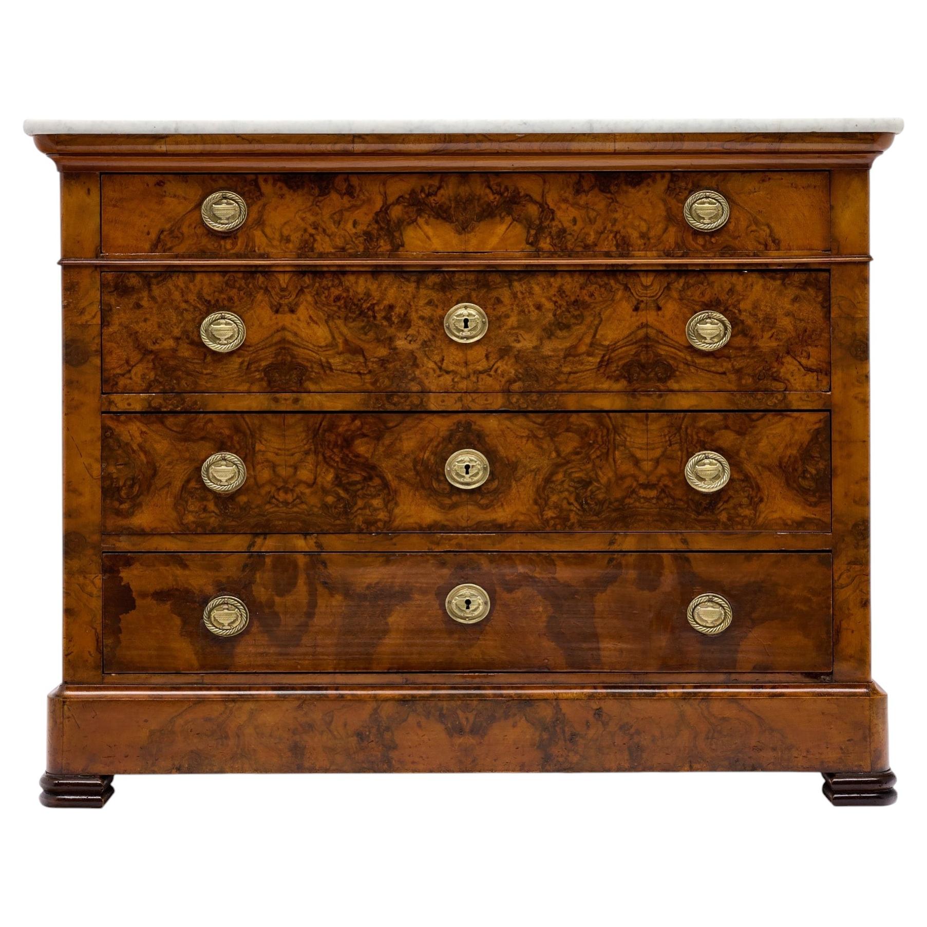 French Restoration Burled Walnut Chest of Drawers with Carrara Marble, Circa 183 For Sale