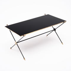 French Mid-Century Black Glass, Iron and Brass Coffee Table