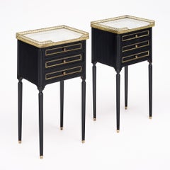 Pair of French Louis XVI Style Ebonized, Brass and Marble Side Tables