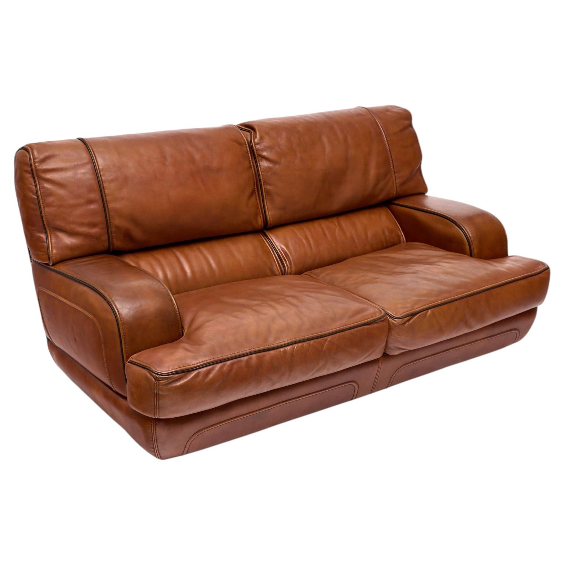 Italian Modernist Cognac Large Two Seat Leather Sofa For Sale